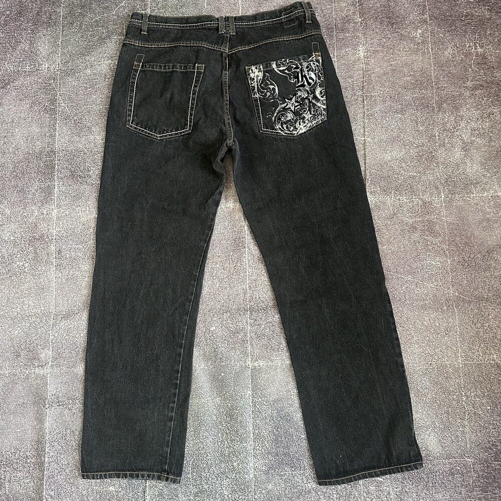 Men's Vintage Y2K Karl Kani Black Denim Wide Leg Embroidered Jeans Sz 38 X 34 - Picture 4 of 5